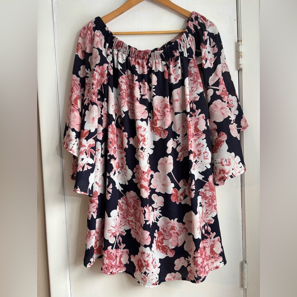 Altar'd State Pink, White and Navy Blue Floral Off the Shoulder Tunic